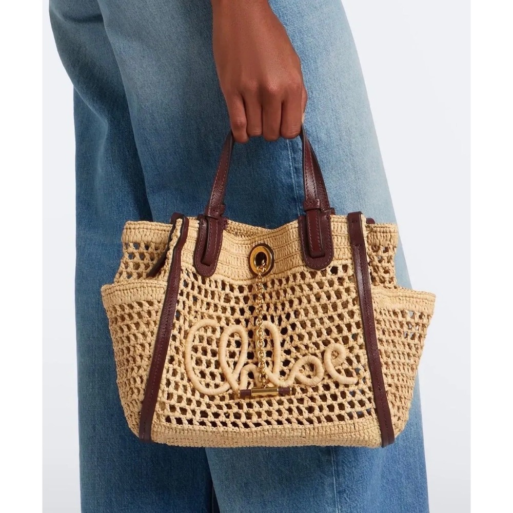 Chloé Small Iconic Hot Sand Raffia Leather Double Carry Shoulder Bag